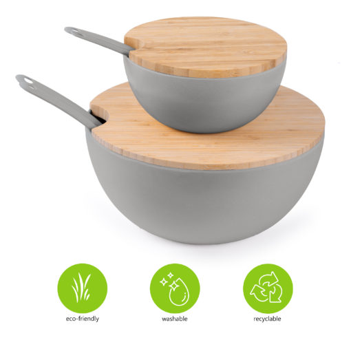 Set of 8:  Large and Medium Serving and Salad Bowl, each with Servers and Bamboo Cutting Board Lids (Gray) - Image 6