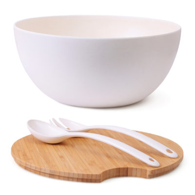 Set of 4: Large Serving and Salad Bowl with Servers and Bamboo Cutting Board Lid (Natural White)