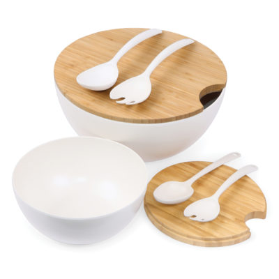 Set of 8:  Large and Medium Serving and Salad Bowl, each with Servers and Bamboo Cutting Board Lids (Natural White)