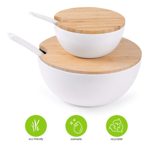 Set of 8:  Large and Medium Serving and Salad Bowl, each with Servers and Bamboo Cutting Board Lids (Natural White) - Image 6