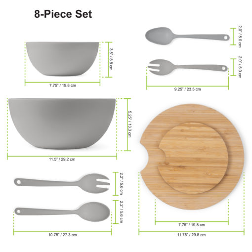 Set of 8:  Large and Medium Serving and Salad Bowl, each with Servers and Bamboo Cutting Board Lids (Gray) - Image 3