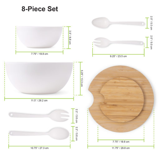 Set of 8:  Large and Medium Serving and Salad Bowl, each with Servers and Bamboo Cutting Board Lids (Natural White) - Image 3