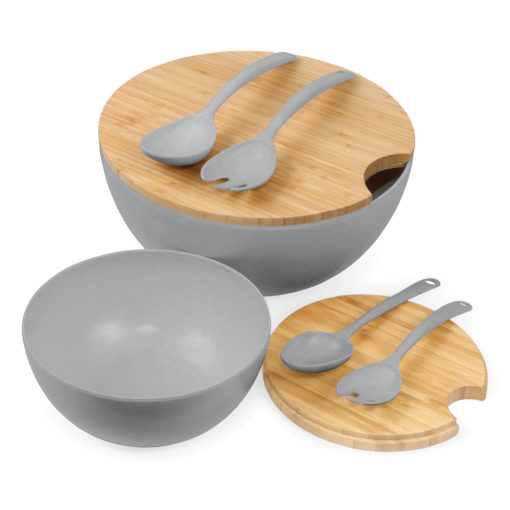 Set of 8:  Large and Medium Serving and Salad Bowl, each with Servers and Bamboo Cutting Board Lids (Gray)