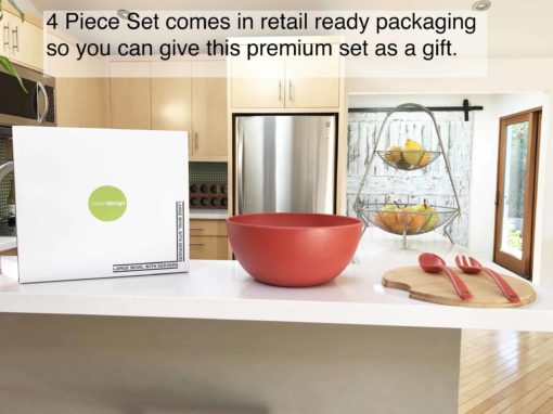 Bamboo Fiber Salad Fruit Pasta Serving Bowl with Bamboo Cutting Board Lid and Utensil Servers (Red) - Image 3