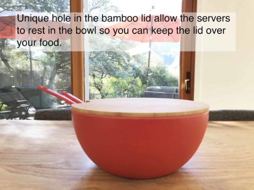 Bamboo Fiber Salad Fruit Pasta Serving Bowl with Bamboo Cutting Board Lid and Utensil Servers (Red) - Image 6