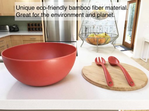 Bamboo Fiber Salad Fruit Pasta Serving Bowl with Bamboo Cutting Board Lid and Utensil Servers (Red) - Image 9