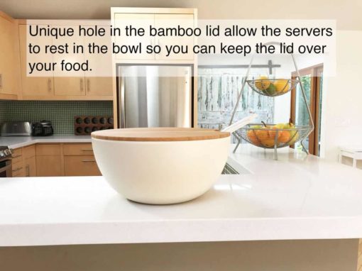 Set of 4: Large Serving and Salad Bowl with Servers and Bamboo Cutting Board Lid (Natural White) - Image 11