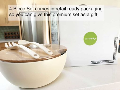 Set of 4: Large Serving and Salad Bowl with Servers and Bamboo Cutting Board Lid (Natural White) - Image 10