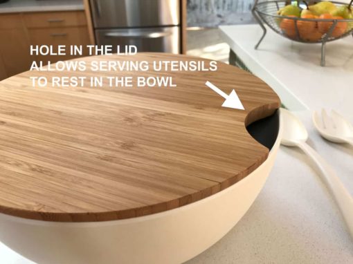 Set of 4: Large Serving and Salad Bowl with Servers and Bamboo Cutting Board Lid (Natural White) - Image 8