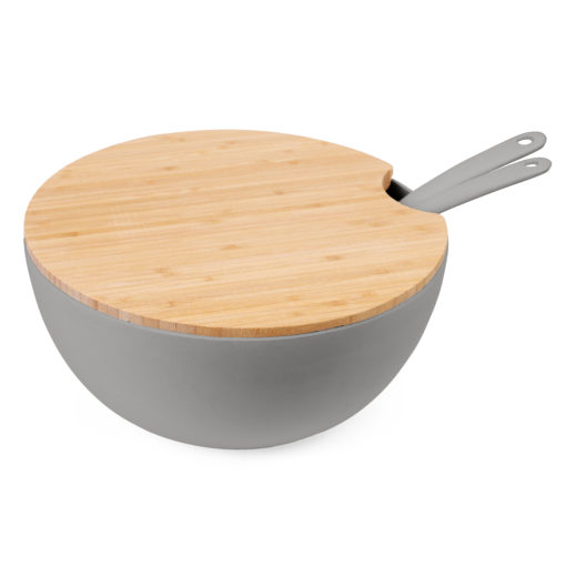 Set of 4: Large Serving and Salad Bowl with Servers and Bamboo Cutting Board Lid (Gray) - Image 6