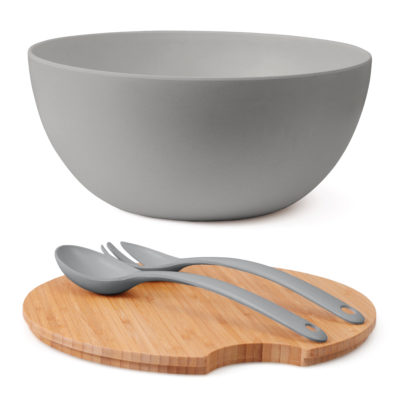 Set of 4: Large Serving and Salad Bowl with Servers and Bamboo Cutting Board Lid (Gray)