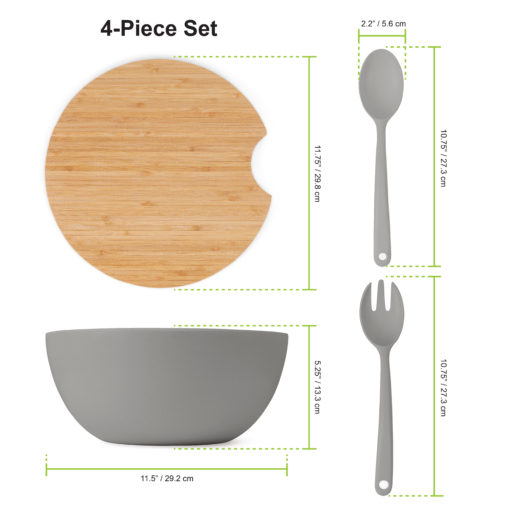 Set of 4: Large Serving and Salad Bowl with Servers and Bamboo Cutting Board Lid (Gray) - Image 3