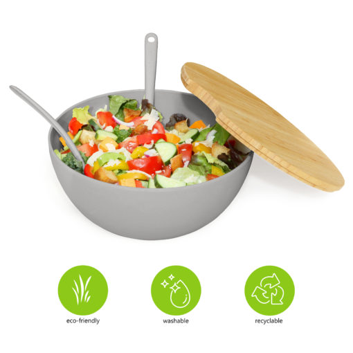 Set of 4: Large Serving and Salad Bowl with Servers and Bamboo Cutting Board Lid (Gray) - Image 5