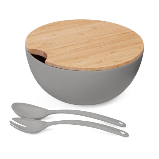 Set of 4: Large Serving and Salad Bowl with Servers and Bamboo Cutting Board Lid (Gray) - Image 7